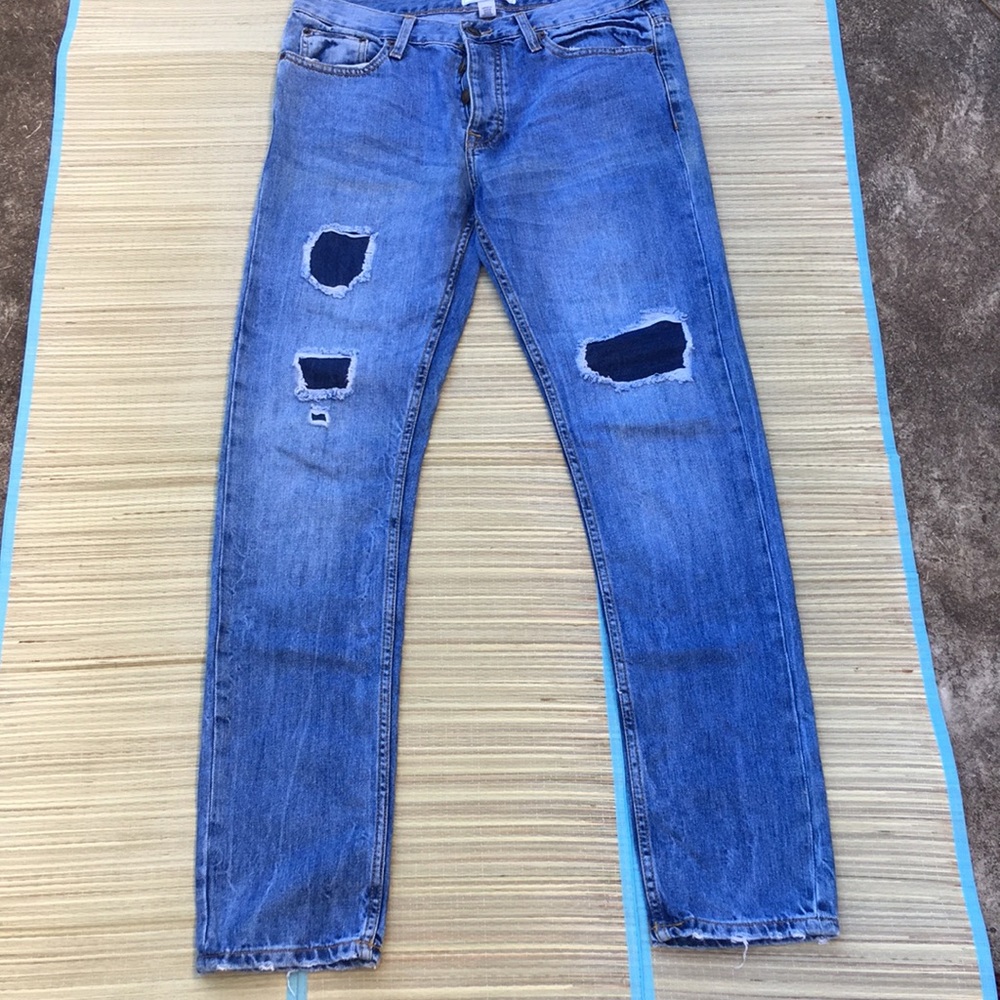 Forever 21 Denim Button Flap Distressed Blue Jeans Slim Fit 32 x 32